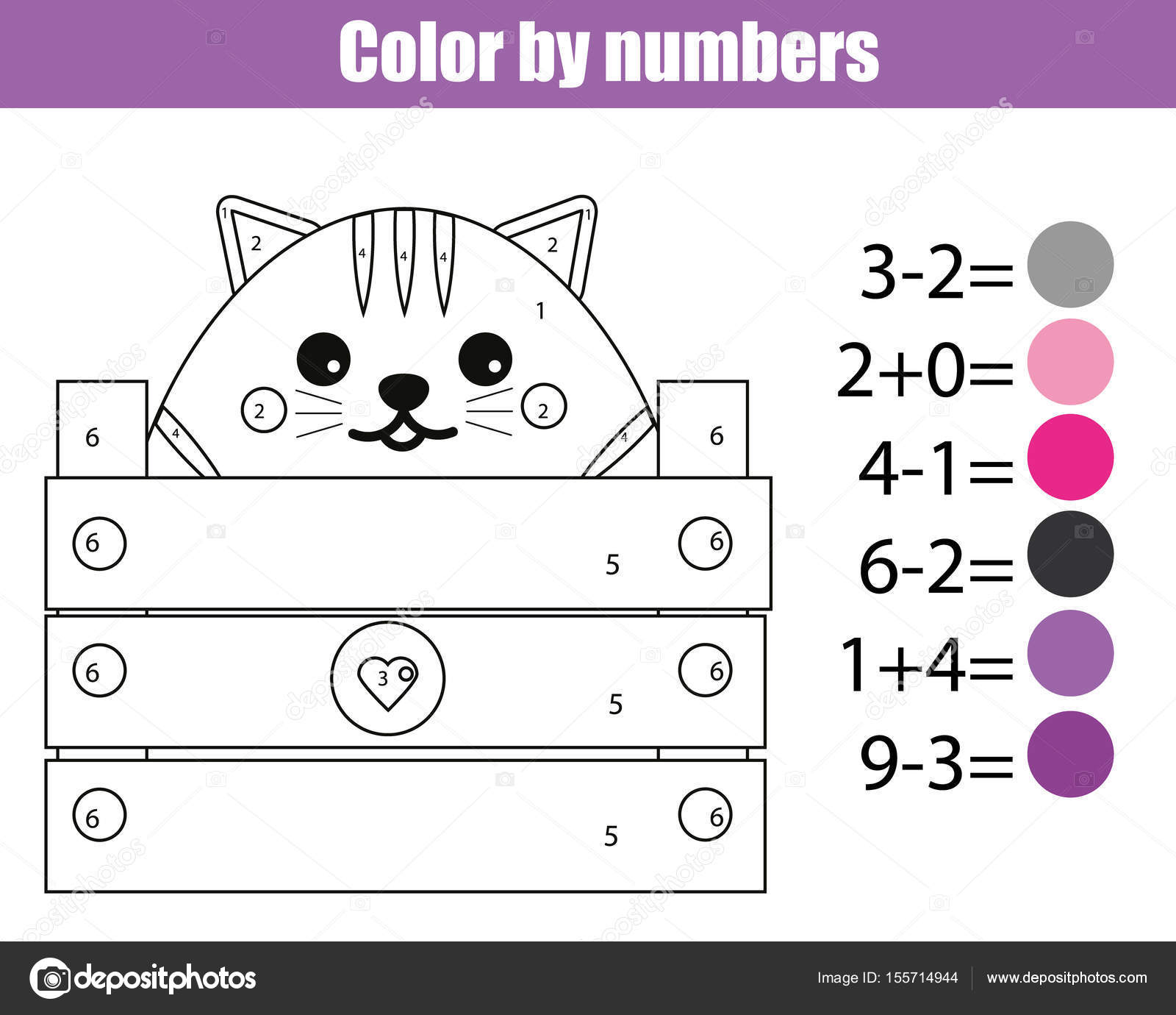 Coloring page with cute cat character. Color by numbers educational  children game, drawing kids activity. Math game Stock Vector by ©ksuklein  155714944